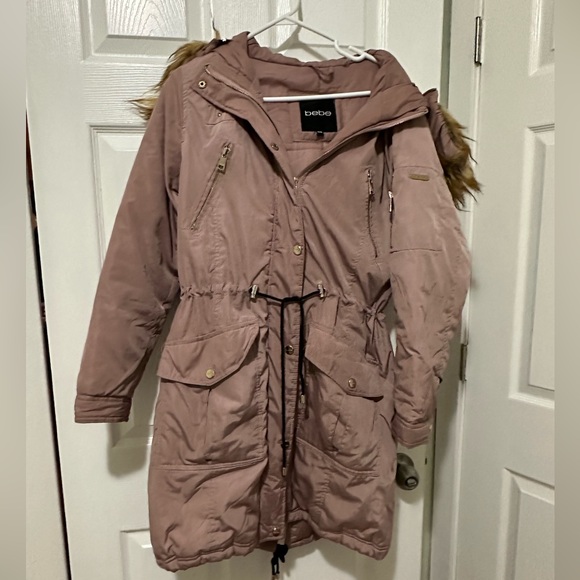 Bebe - Women’s Pink/Mauve Parka Coat Fur Hood - Picture 5 of 14